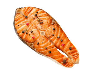 Top view of grilled salmon meat or salmon steak with spices isolated with clipping path and generated with AI in png file format