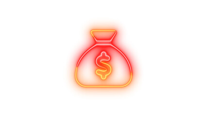 Neon sack dollar icon glowing with transparent background