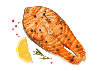 Top view set of grilled salmon meat or salmon steak with yellow lemon slices and spices isolated on white background with clipping path and generated with AI