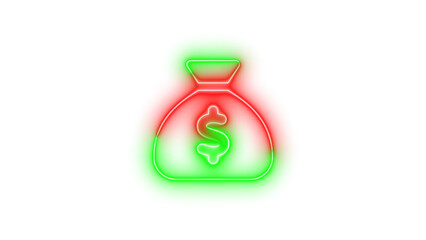 Neon sack dollar icon glowing with transparent background
