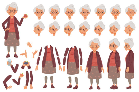 Grandmother character constructor for animation with parts set. Customized people collection with elderly woman poses, facial expressions heads with glasses, gesturing arms, more. Vector illustration.