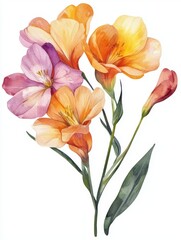 Fototapeta premium Watercolor freesia flower branch, gentle, elegant on white background