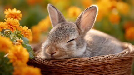 Bunny Sleeping Peacefully in a Woven Basket Surrounded by Vibrant Yellow Flowers