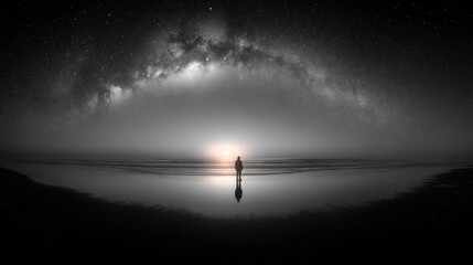 Lone traveler standing at the edge of a surreal cosmic ocean under a galaxy-filled sky, with glowing starlight reflections and a dreamlike atmosphere, evoking peace, solitude, and infinite wonder.