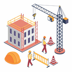Construction site isometric illustration workers building crane safety