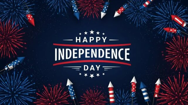 Festive Independence Day Design with Fireworks and Rockets on Dark Blue Background.