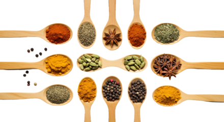 Aromatic Spices in Spoons on White Wooden Table - Flat Lay Culinary Ingredient Variety
