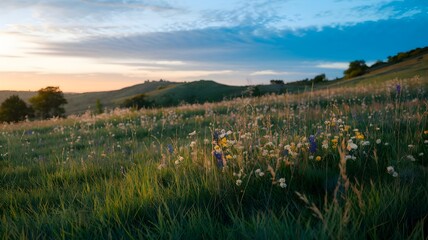 Fototapeta premium A stunning landscape of a meadow with flowers, under a sky with clouds during dusk