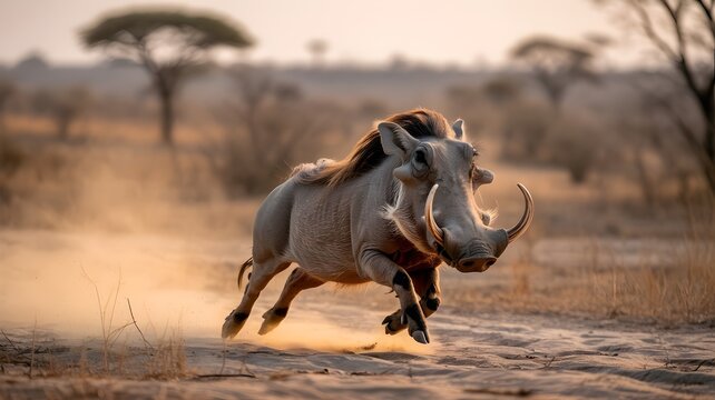 A wild warthog running in the savanna, capturing its speed and strength. The image depicts the animal in its natural environment