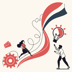 Fototapeta premium Businesswoman reaching for idea lightbulb, man reaching up, gear, envelope, abstract design elements on white background