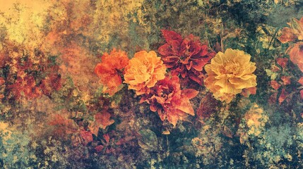 Autumnal Floral Design Vintage Style Grunge Texture Background Image Artistic Red Orange Yellow Flowers fall aged worn  