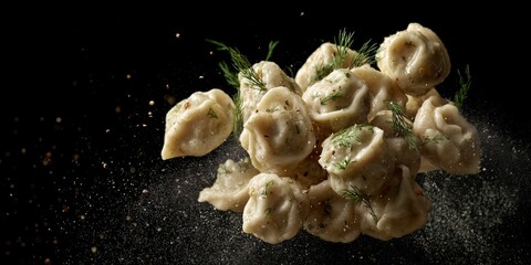 Dramatic aerial display of pelmeni dumplings with herbs in mid air, ideal for culinary promotions