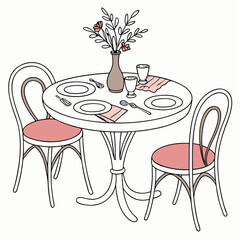 Romantic table setting with flowers two chairs transparent background