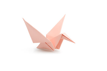 Delicate origami crane, pale pink paper, precision and simplicity. Minimalist symbol of hope and peace, isolated on white. Evokes serenity. #OrigamiArt