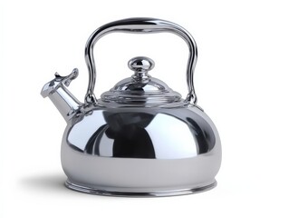 Sleek silver kettle, perfect for a modern kitchen.  Shiny and reflective.