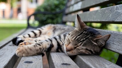 A tranquil cat sleeping peacefully on a park bench under sunlight, showcasing contentment