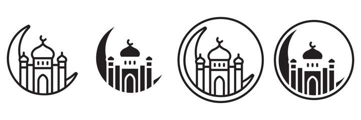 Mosque crescent moon emblem icon set in outline and solid style for islamic celebration or religious event vector illustration.