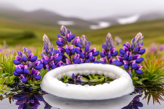 Lupine flowers reflected in water with a ring of foam Beautiful nature scene featuring vibrant purple wildflowers - Powered by Adobe