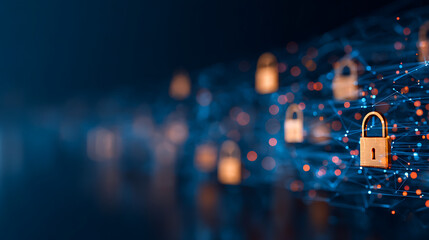 An abstract digital network with nodes and encryption icons in blue hues with light effects on a dark background. 3D Rendering 34777352 4