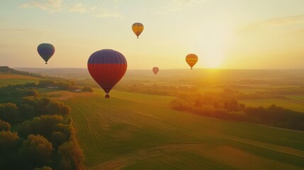 Fototapeta premium A vibrant and joyful scene of colorful hot air balloons floating over green countryside fields during golden hour, clear skies, photorealistic and cheerful, 