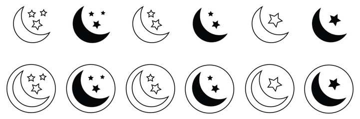 Crescent moon and stars minimal icon set with circular border in outline and filled style as islamic vector illustration design.