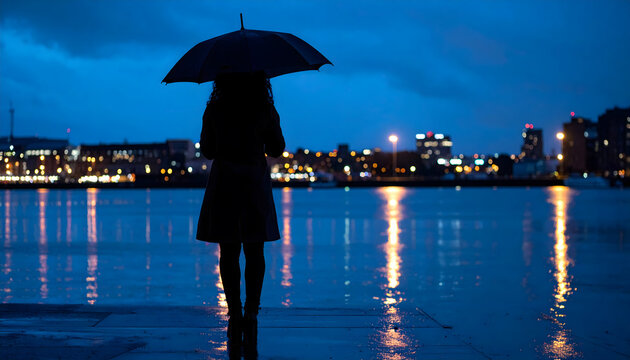 Silhouette of a person standing alone in the rain with umbrella