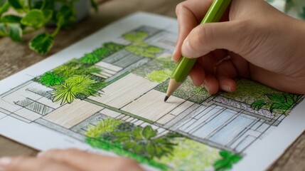 A person is drawing a landscape with a pencil on a piece of paper