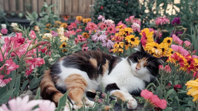 A calico cat relaxing peacefully in a colorful flower garden, enjoying the beauty of nature