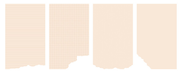 Set of beige paper templates with torn edges. Retro lined, grid, dot blank pages planner sheets with rough edges. Vintage journal pages. 