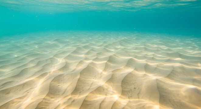 Underwater view of sandy seabed with turquoise water surface in clear conditions