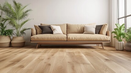 Modern Beige Sofa Living Room Interior Design Wooden Floor Plants Home Decor pot cozy calm warm chic style house light  