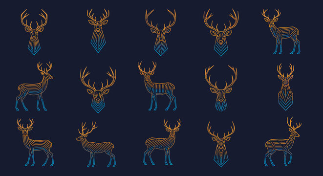 Geometric Deer Line Art Collection Orange and Blue Gradient
