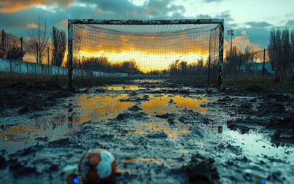 Muddy Soccer Field at Sunset Goal, Ball, and Water Puddles