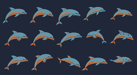 Repeating pattern of stylized blue dolphins with orange markings and playful poses