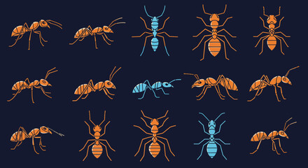 Stylized Ant Illustrations in Various Poses and Colors Vector Design