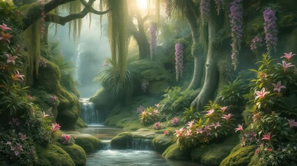 Serene Waterfall in a Lush, Moss-Covered Enchanted Forest with Vibrant Pink Flowers