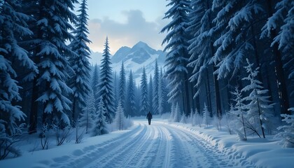 Obraz premium Solitary figure traverses snowy forest path