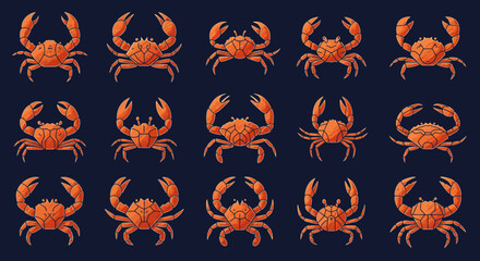 Stylized Orange Crabs in Various Poses Against a Dark Blue Background
