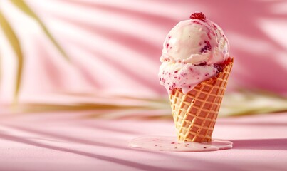 Delicious scoops of raspberry ice cream melting in waffle cone on pink background, creating a sweet and messy delight