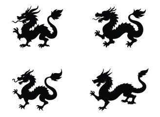 A set of four black silhouette dragon illustrations in various poses, showcasing detailed wings, tails, and fierce expressions. Perfect for fantasy-themed designs, tattoos, or mythical artwork.