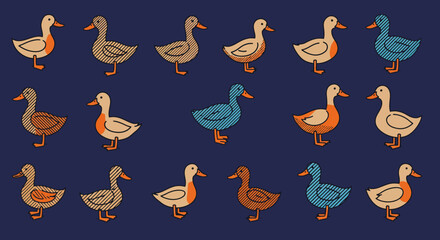 A Colorful Pattern of Cute Cartoon Ducks in Various Hues