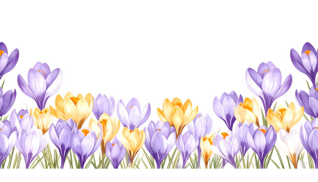 Fototapeta Purple and Yellow Crocus Border: A vibrant watercolor illustration of purple and yellow crocus flowers arranged in a beautiful border, perfect for spring themes and designs.