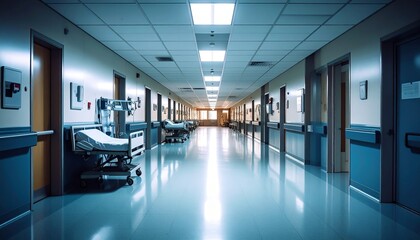 Obraz premium Long hospital corridor with beds, doors, and bright lights creates a sense of calmness.