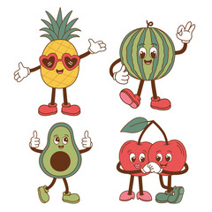 set of isolated groovy pineapple, watermelon, avocado, cherry