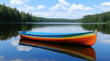 Fototapeta premium Colorful boat on a serene lake surface