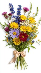Colorful Wildflower Bouquet with Yellow, Blue, Purple, and Red Flowers Tied with Ribbon