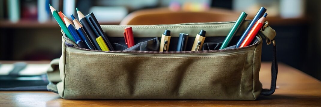 Back to School Still Life Pencil Case Colorful Pens Pencils on Wooden Desk Education Learning Tools