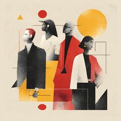 People stand in a geometric collage art with circle, square and triangle shapes, in yellow, red, black and white colors.