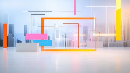 Modern abstract cityscape with colorful geometric shapes over an urban skyline in a bright atmosphere