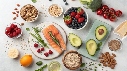 Top View Flat Lay of Nutritious Whole Foods on Light Background